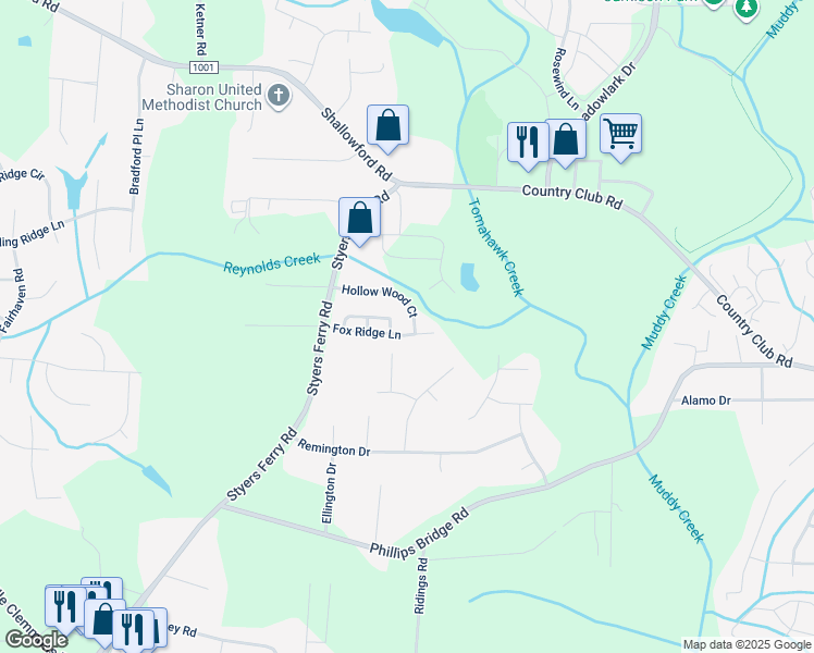 map of restaurants, bars, coffee shops, grocery stores, and more near 5908 Hollow Wood Court in Winston-Salem