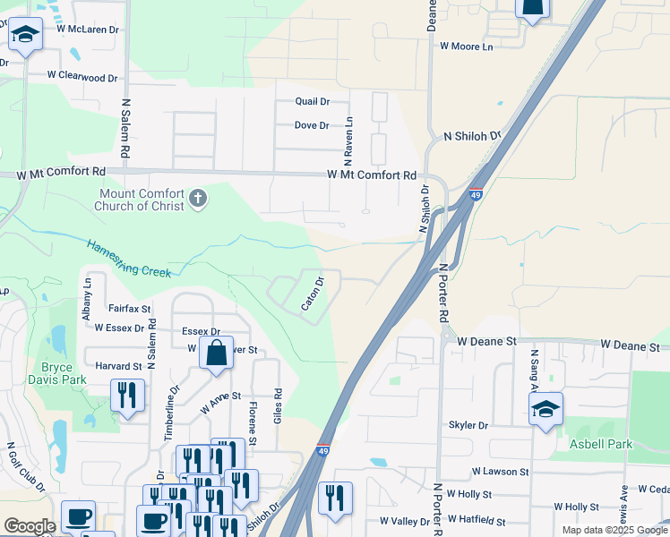 map of restaurants, bars, coffee shops, grocery stores, and more near 2732 Wildwood Drive in Fayetteville