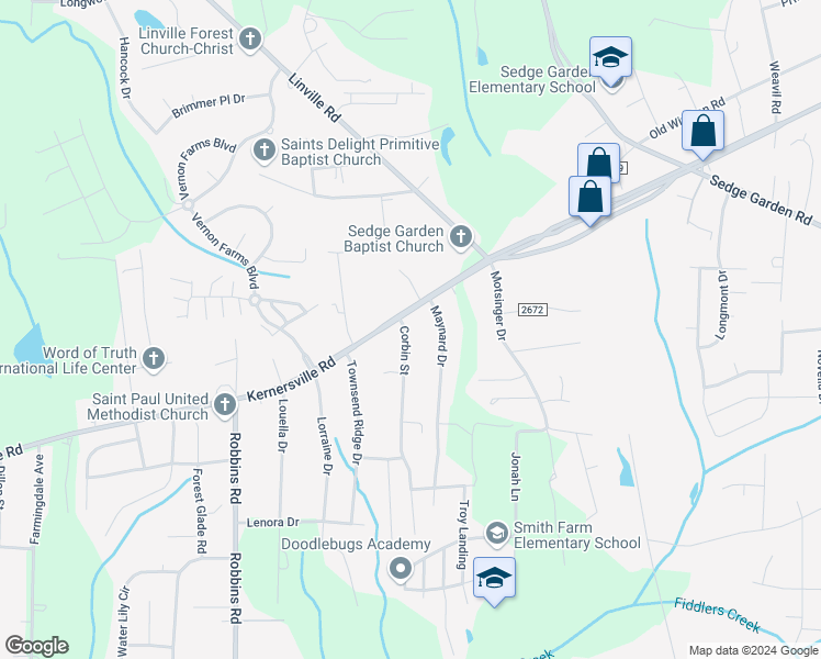 map of restaurants, bars, coffee shops, grocery stores, and more near 4100 Kernersville Road in Winston-Salem