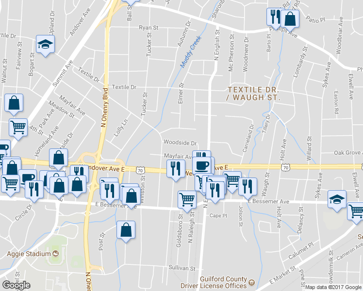 map of restaurants, bars, coffee shops, grocery stores, and more near 1916 Woodside Drive in Greensboro