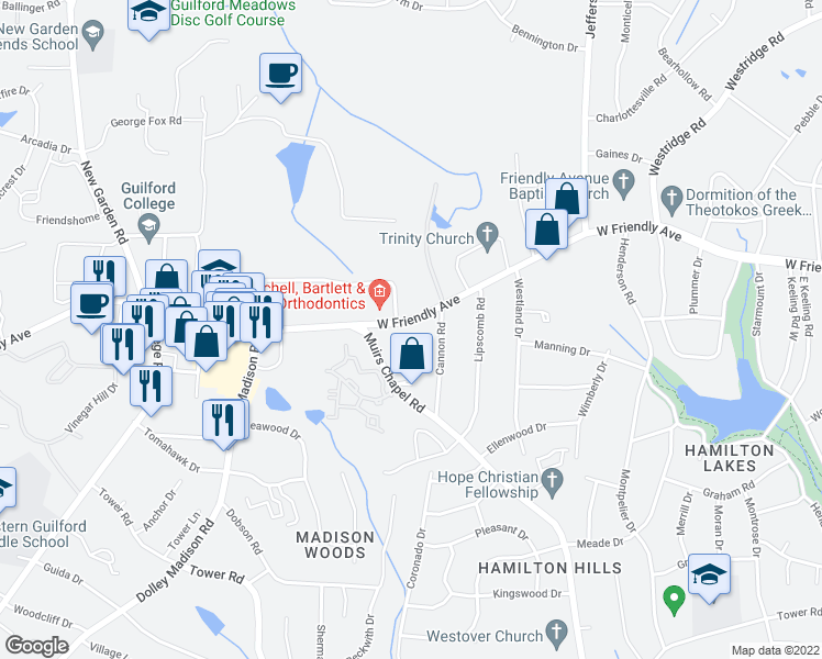 map of restaurants, bars, coffee shops, grocery stores, and more near 5307 West Friendly Avenue in Greensboro