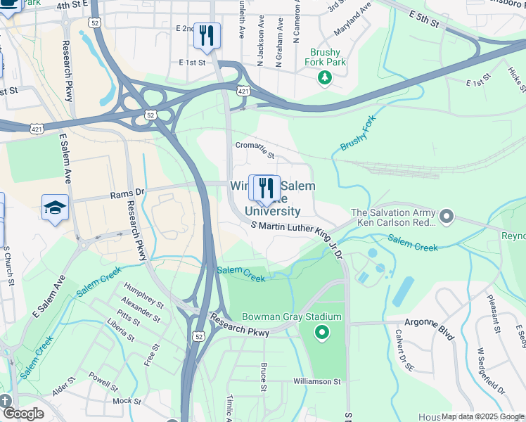 map of restaurants, bars, coffee shops, grocery stores, and more near 601 South Martin Luther King Junior Drive in Winston-Salem