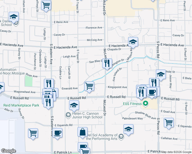map of restaurants, bars, coffee shops, grocery stores, and more near 5544 Jacmar Court in Las Vegas