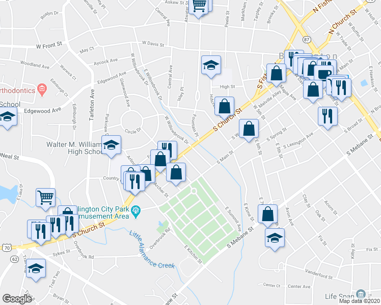 map of restaurants, bars, coffee shops, grocery stores, and more near 1110 South Church Street in Burlington