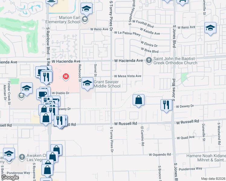 map of restaurants, bars, coffee shops, grocery stores, and more near 5524 Hawley Court in Las Vegas