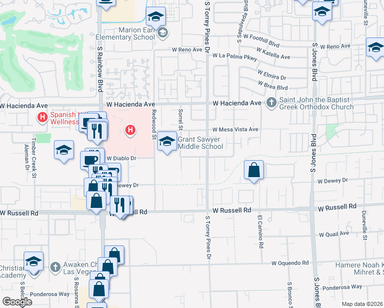 map of restaurants, bars, coffee shops, grocery stores, and more near 6588 West Diablo Drive in Las Vegas