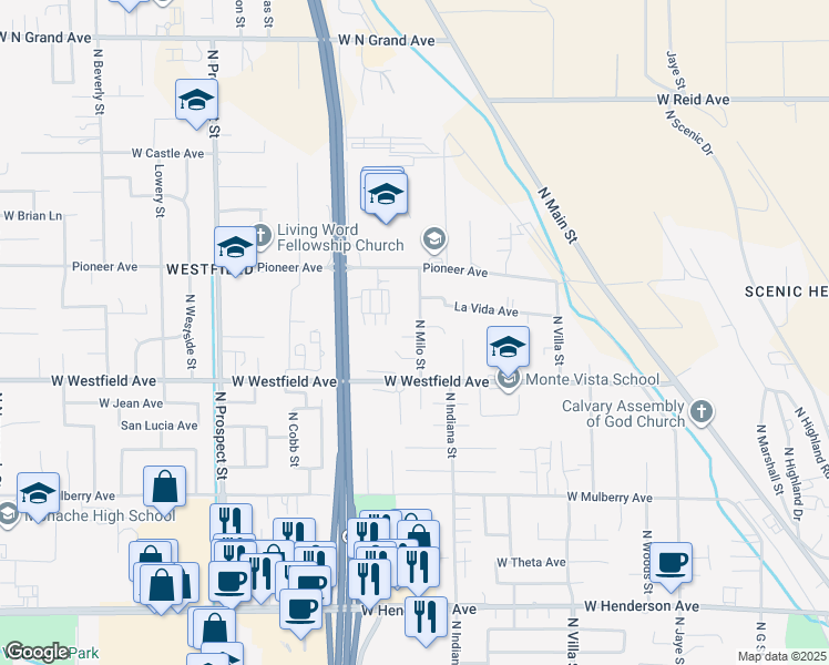 map of restaurants, bars, coffee shops, grocery stores, and more near 870 Clinton Lane in Porterville
