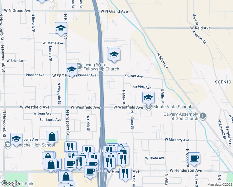 map of restaurants, bars, coffee shops, grocery stores, and more near 870 Clinton Lane in Porterville
