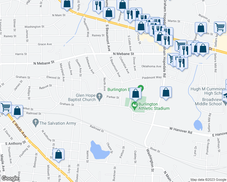 map of restaurants, bars, coffee shops, grocery stores, and more near 1333 Cloverdale Street in Burlington