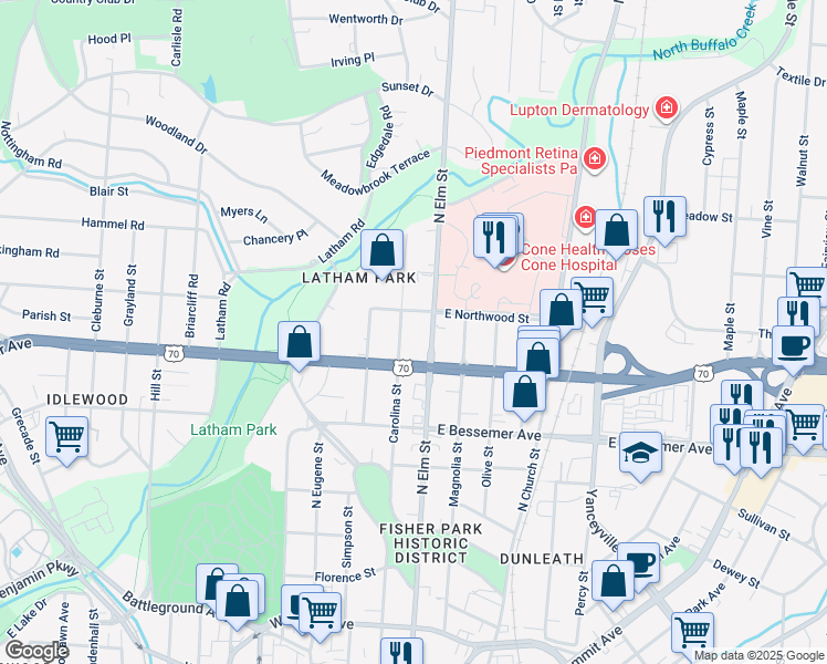 map of restaurants, bars, coffee shops, grocery stores, and more near 1101 North Elm Street in Greensboro