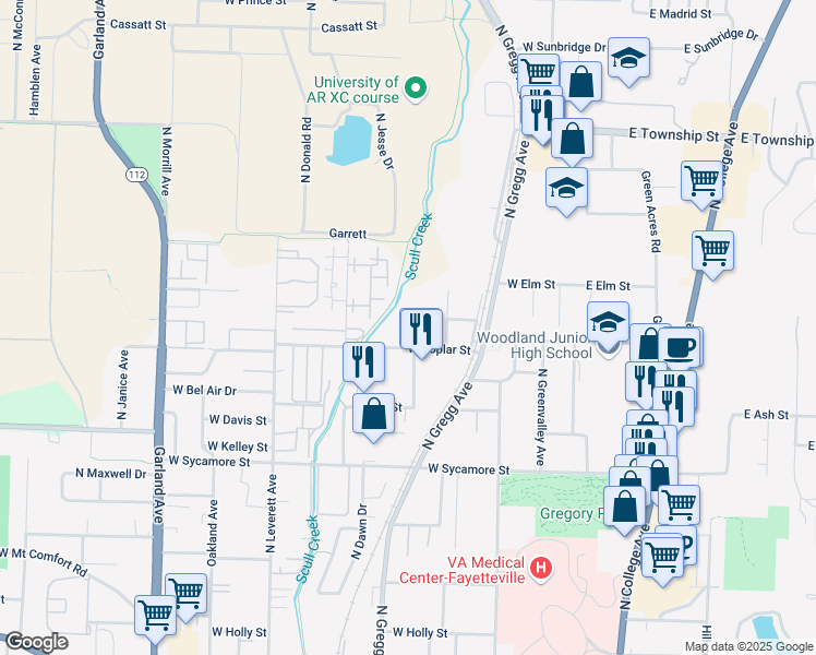 map of restaurants, bars, coffee shops, grocery stores, and more near 500-590 W Poplar St in Fayetteville