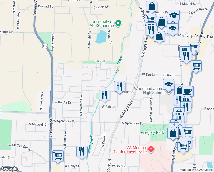 map of restaurants, bars, coffee shops, grocery stores, and more near in Fayetteville