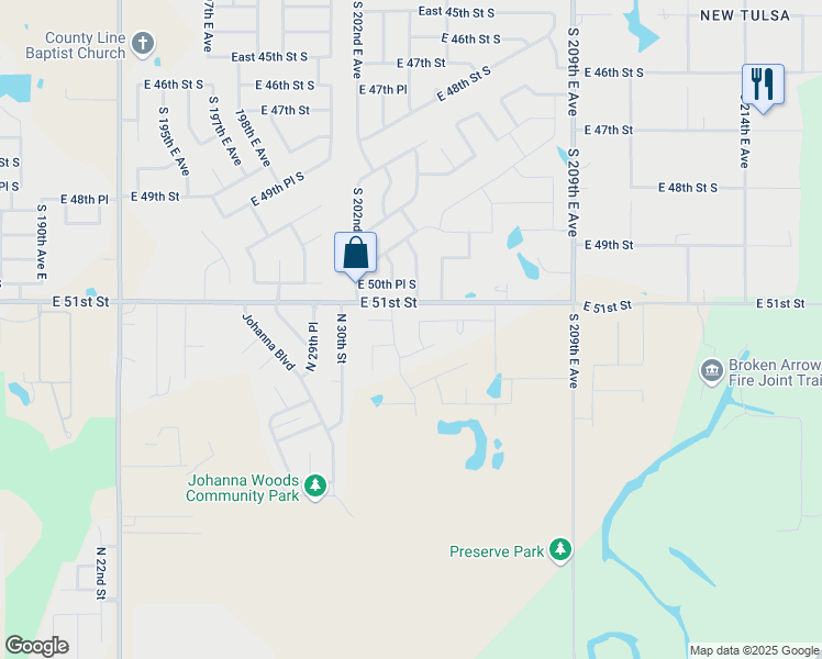 map of restaurants, bars, coffee shops, grocery stores, and more near 3625 North 33rd Street in Broken Arrow