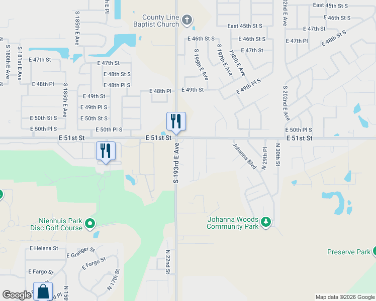 map of restaurants, bars, coffee shops, grocery stores, and more near 5117 South 194th East Avenue in Broken Arrow