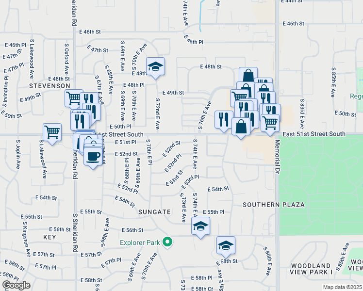 map of restaurants, bars, coffee shops, grocery stores, and more near 7075 East 52nd Place in Tulsa