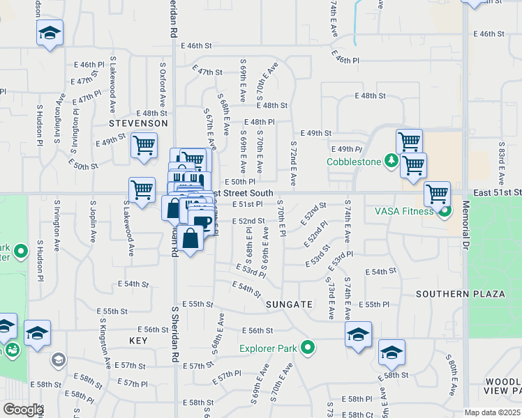 map of restaurants, bars, coffee shops, grocery stores, and more near 6834 East 52nd Street in Tulsa