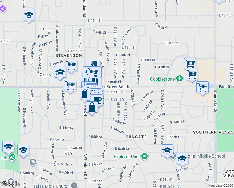 map of restaurants, bars, coffee shops, grocery stores, and more near 6834 East 52nd Street in Tulsa