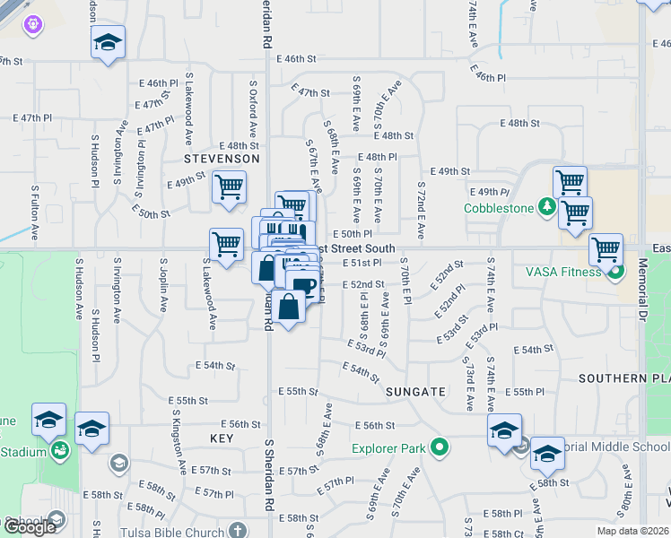 map of restaurants, bars, coffee shops, grocery stores, and more near 5208 South 68th East Avenue in Tulsa