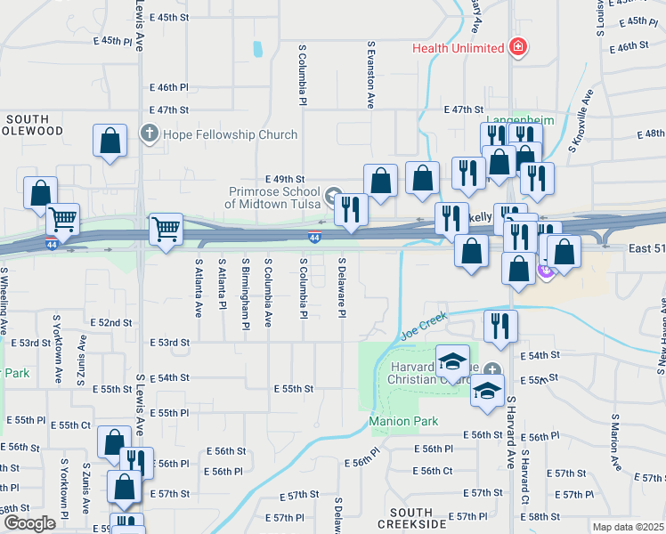 map of restaurants, bars, coffee shops, grocery stores, and more near 5130 South Delaware Avenue in Tulsa