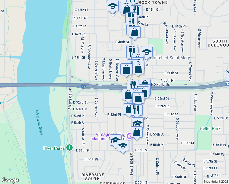 map of restaurants, bars, coffee shops, grocery stores, and more near 5124 South Peoria Avenue in Tulsa