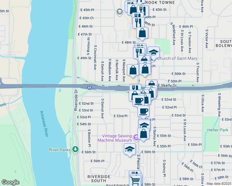 map of restaurants, bars, coffee shops, grocery stores, and more near 5101 South Madison Avenue in Tulsa