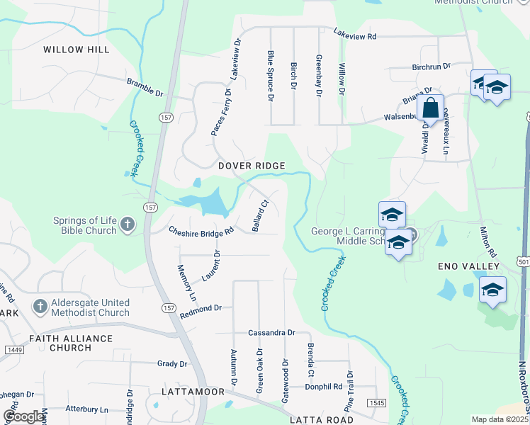 map of restaurants, bars, coffee shops, grocery stores, and more near 14 Ballard Court in Durham