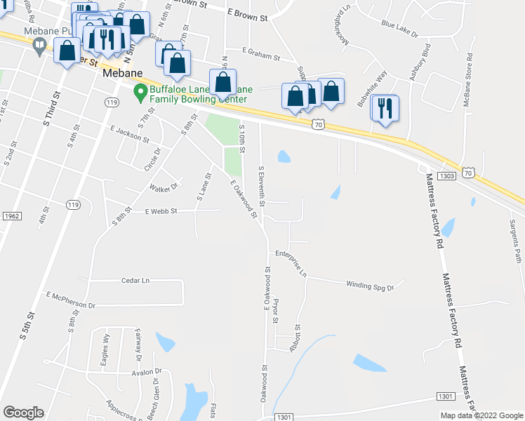 map of restaurants, bars, coffee shops, grocery stores, and more near South 11th Street in Mebane
