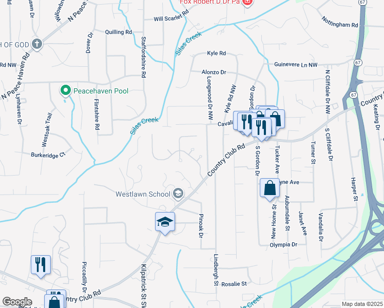 map of restaurants, bars, coffee shops, grocery stores, and more near 195 Coventry Park Lane in Winston-Salem