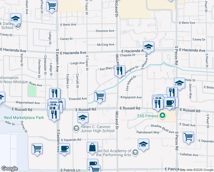 map of restaurants, bars, coffee shops, grocery stores, and more near 5544 Jacmar Court in Las Vegas