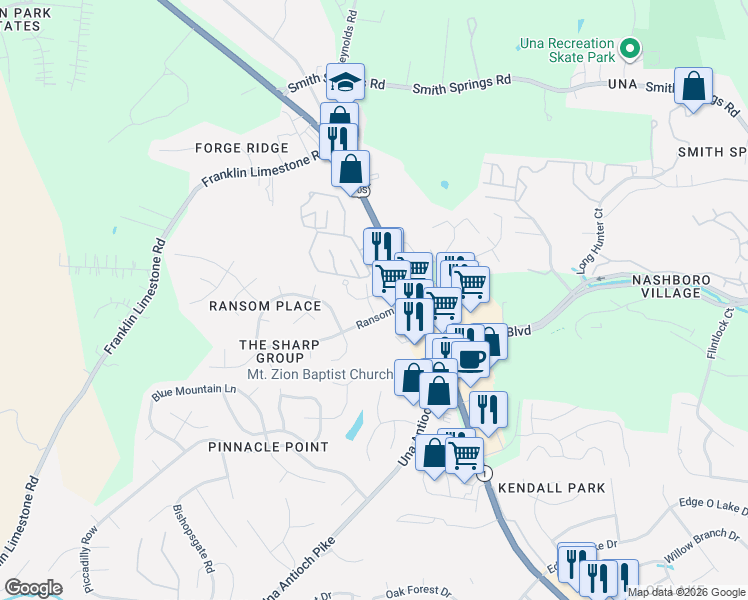 map of restaurants, bars, coffee shops, grocery stores, and more near 1101 Ransom Way in Nashville