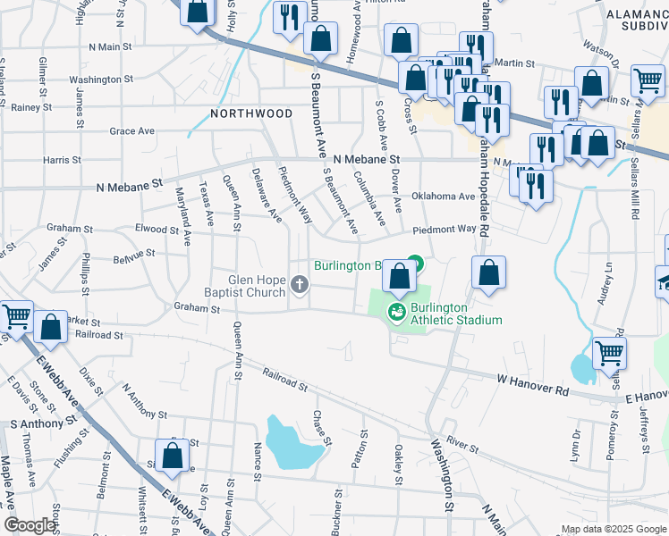 map of restaurants, bars, coffee shops, grocery stores, and more near 1333 Cloverdale Street in Burlington