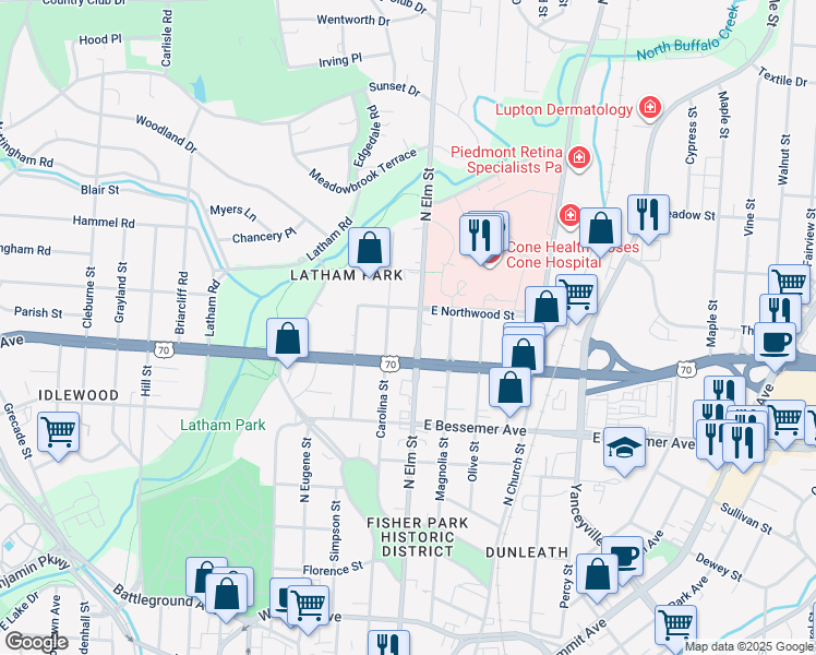 map of restaurants, bars, coffee shops, grocery stores, and more near 1101 North Elm Street in Greensboro