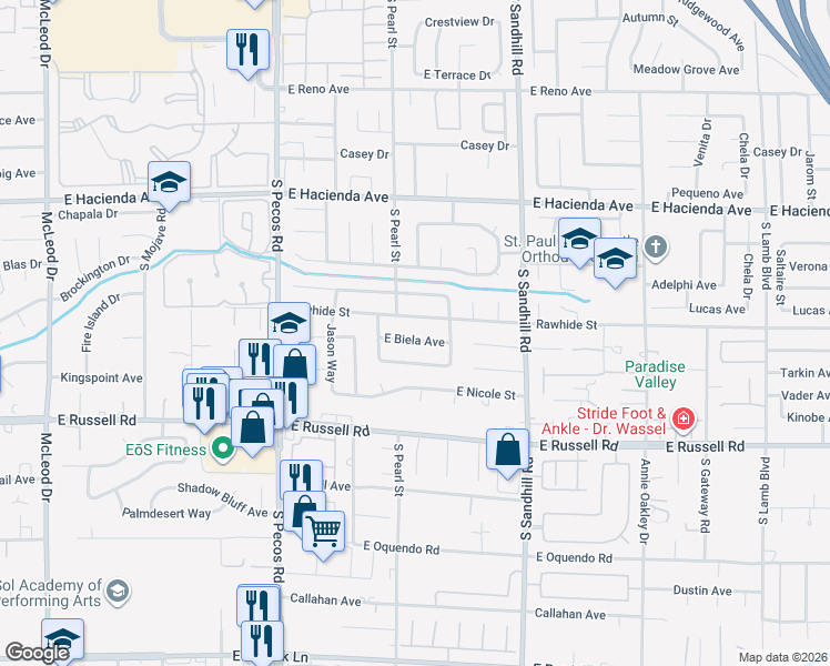 map of restaurants, bars, coffee shops, grocery stores, and more near 3653 East Biela Avenue in Las Vegas