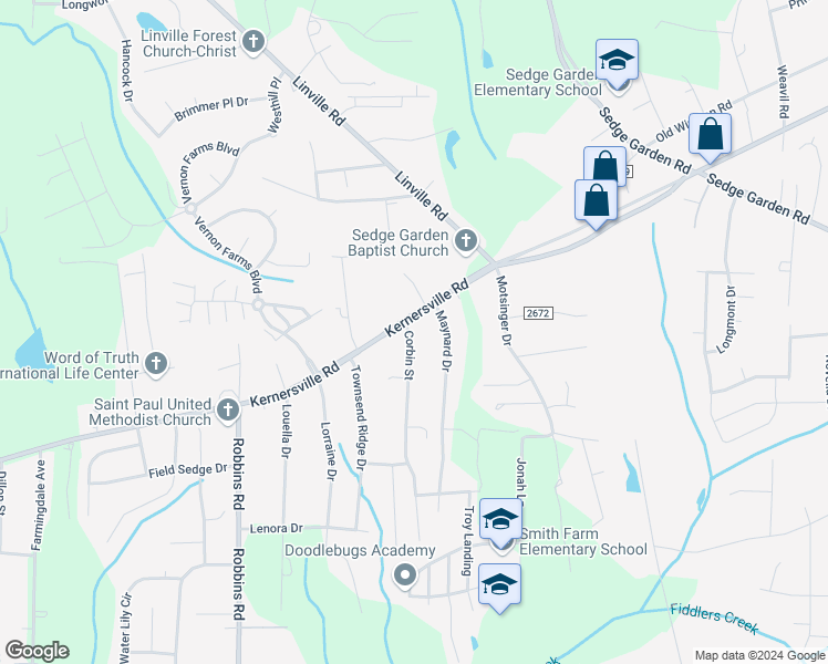 map of restaurants, bars, coffee shops, grocery stores, and more near 4100 Kernersville Road in Winston-Salem