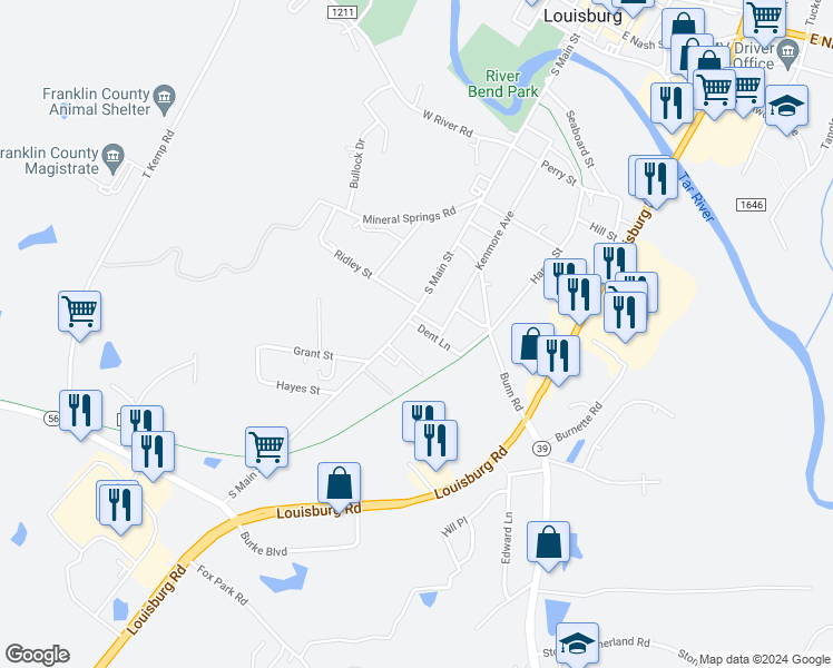 map of restaurants, bars, coffee shops, grocery stores, and more near 100 Dent Lane in Louisburg