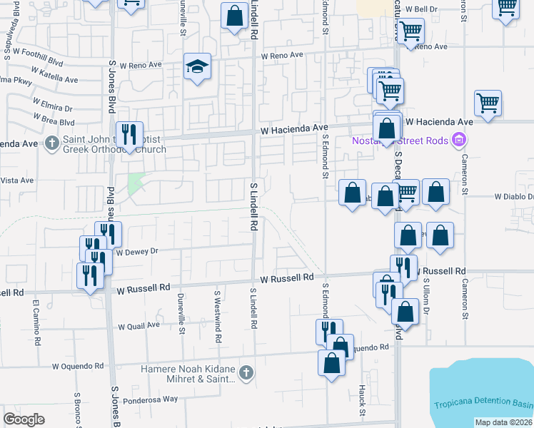 map of restaurants, bars, coffee shops, grocery stores, and more near 5516 Madigan Court in Las Vegas