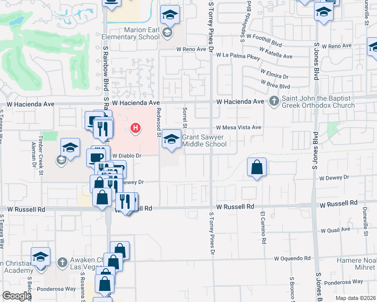 map of restaurants, bars, coffee shops, grocery stores, and more near 6588 West Diablo Drive in Las Vegas