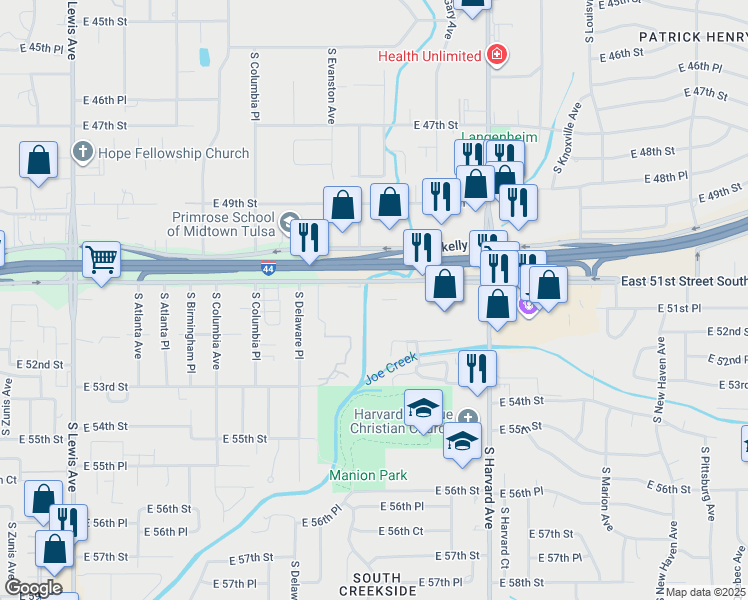 map of restaurants, bars, coffee shops, grocery stores, and more near 3002 East 51st Street in Tulsa