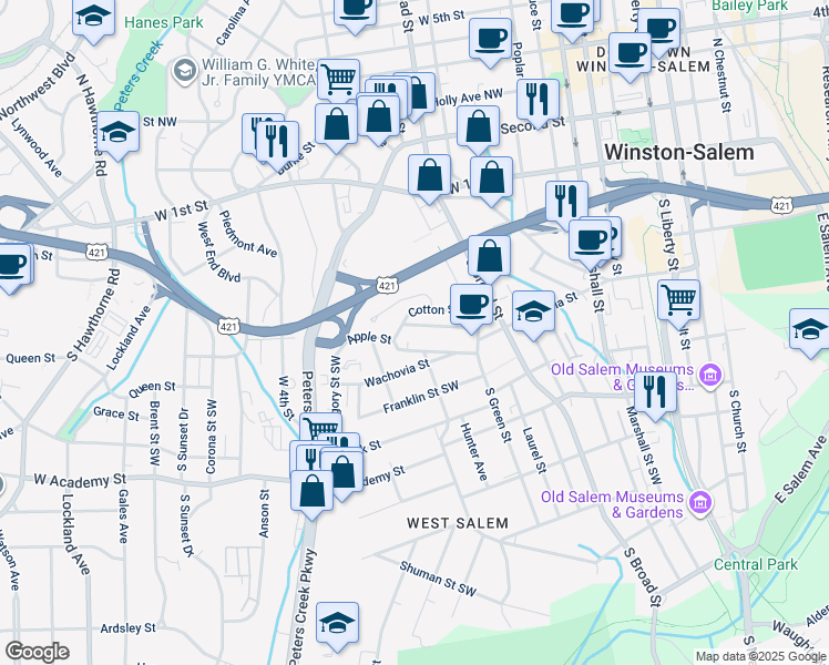 map of restaurants, bars, coffee shops, grocery stores, and more near 1008 Albert Street Southwest in Winston-Salem