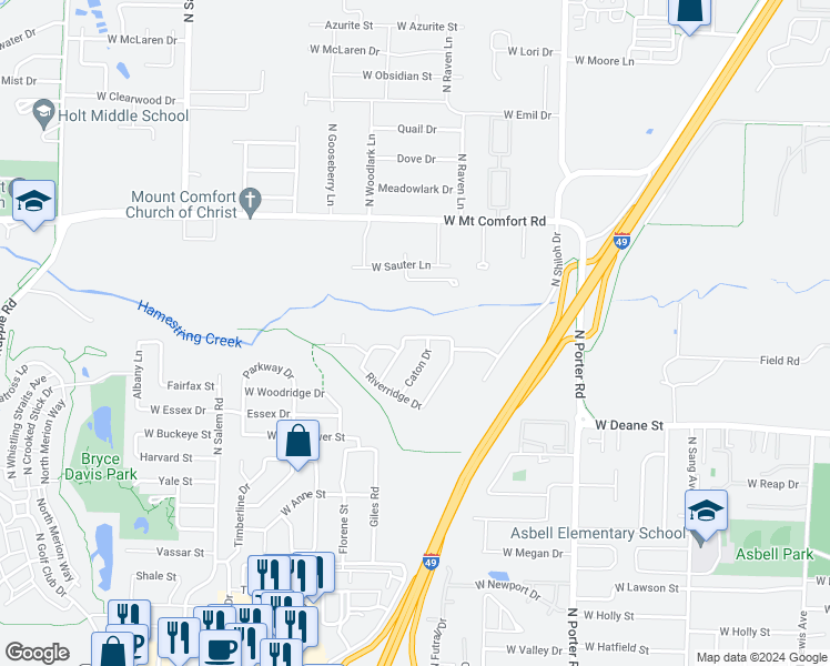 map of restaurants, bars, coffee shops, grocery stores, and more near 2824 Wildwood Drive in Fayetteville
