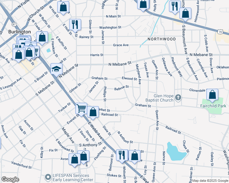 map of restaurants, bars, coffee shops, grocery stores, and more near 919 Bellvue Street in Burlington