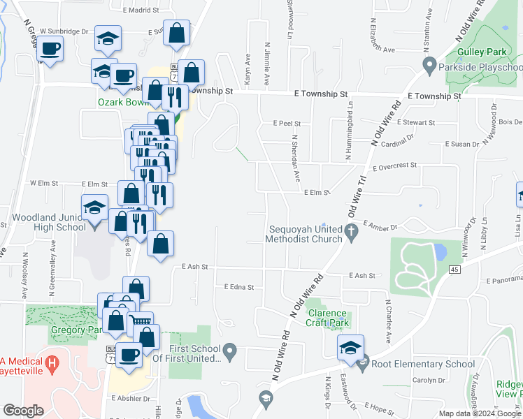 map of restaurants, bars, coffee shops, grocery stores, and more near 721 Winbaugh Lane in Fayetteville