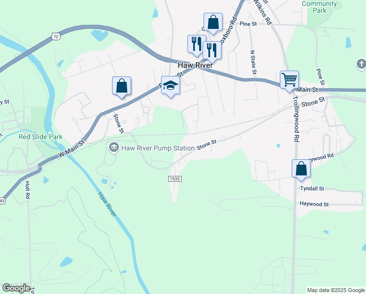 map of restaurants, bars, coffee shops, grocery stores, and more near 637-723 Stone St in Haw River