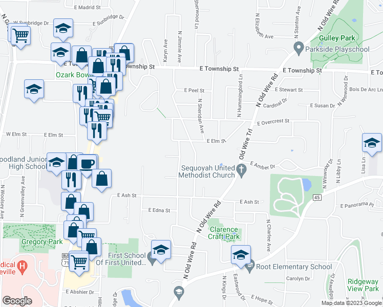 map of restaurants, bars, coffee shops, grocery stores, and more near 2055 North Juneway Terrace in Fayetteville