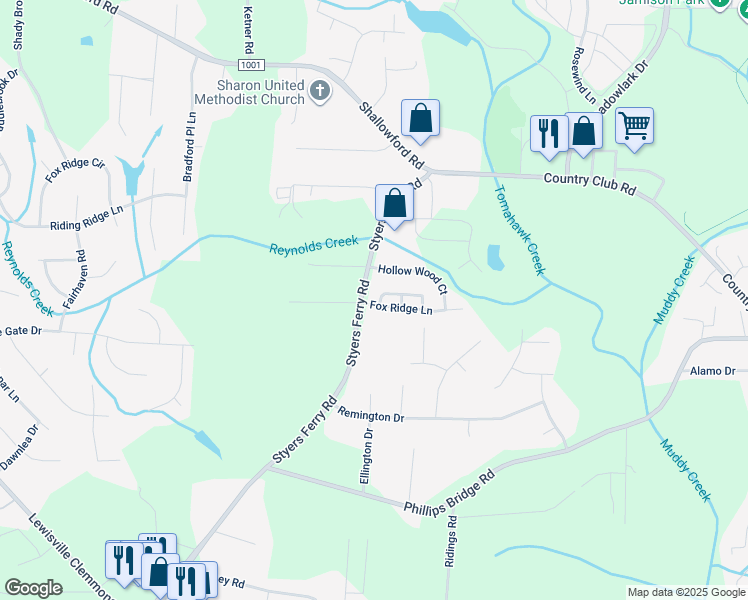 map of restaurants, bars, coffee shops, grocery stores, and more near 5987 Fox Ridge Lane in Winston-Salem