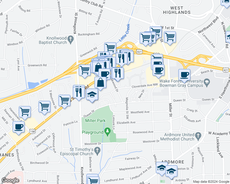map of restaurants, bars, coffee shops, grocery stores, and more near 211 Oakwood Court in Winston-Salem