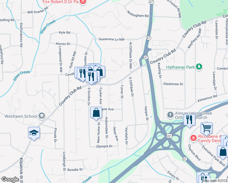 map of restaurants, bars, coffee shops, grocery stores, and more near 3816 Country Club Road in Winston-Salem