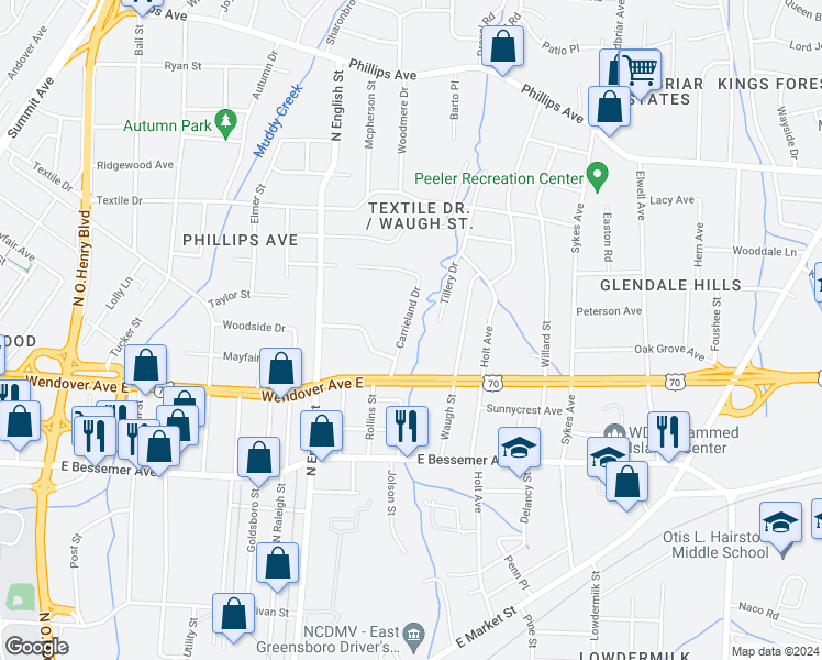 map of restaurants, bars, coffee shops, grocery stores, and more near 814 Carrieland Drive in Greensboro