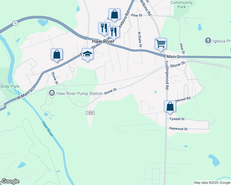 map of restaurants, bars, coffee shops, grocery stores, and more near 801 Stone Street in Haw River