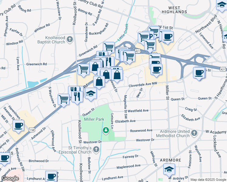 map of restaurants, bars, coffee shops, grocery stores, and more near 211 Oakwood Court in Winston-Salem
